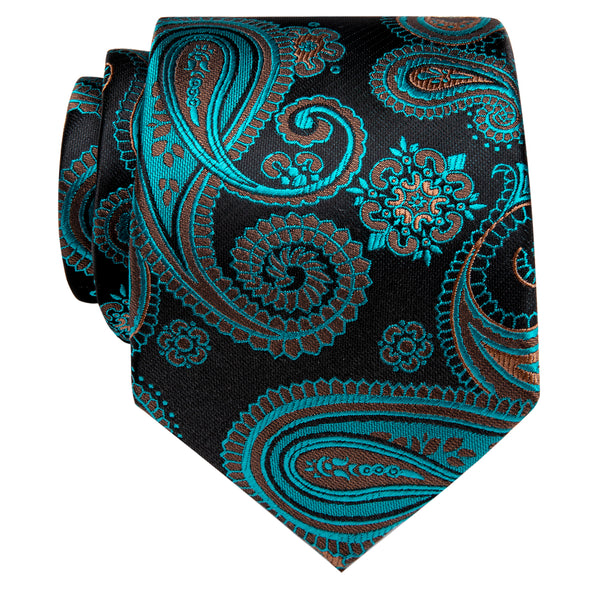 Luxury Black Green Paisley Silk Necktie with Golden Tie Clip