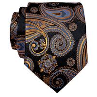 Luxury Black Golden Paisley Silk Necktie with Golden Tie Clip