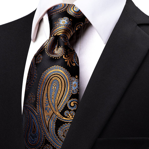 Luxury Black Golden Paisley Silk Necktie
