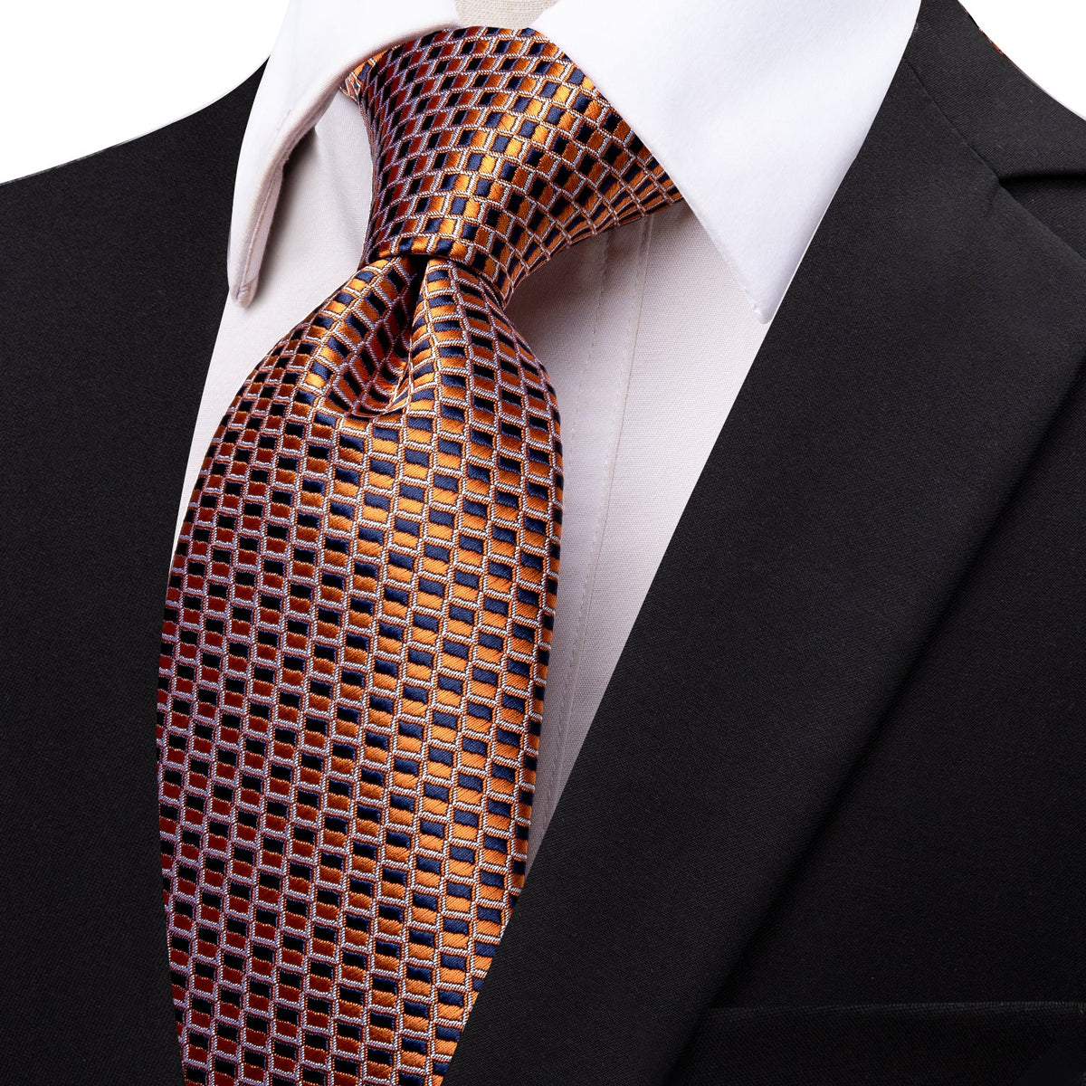 Luxury Orange Blue Plaid Silk Necktie