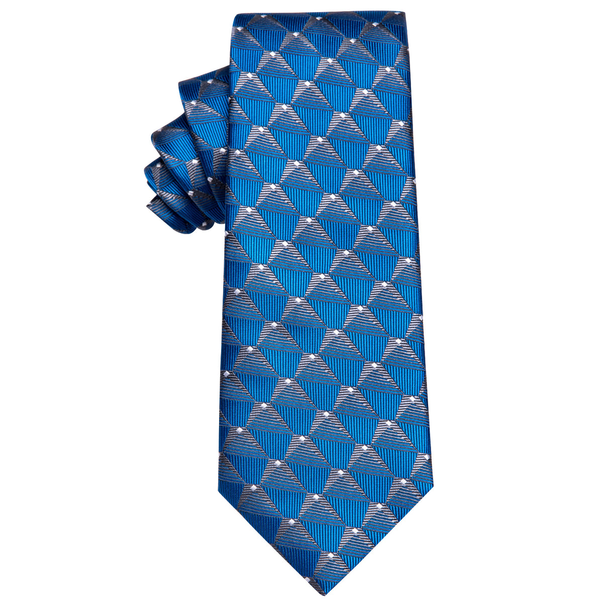 Blue Silver Geometry Novelty Silk Necktie with Golden Tie Clip