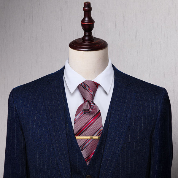Pink Red Striped Silk Necktie with Golden Tie Clip
