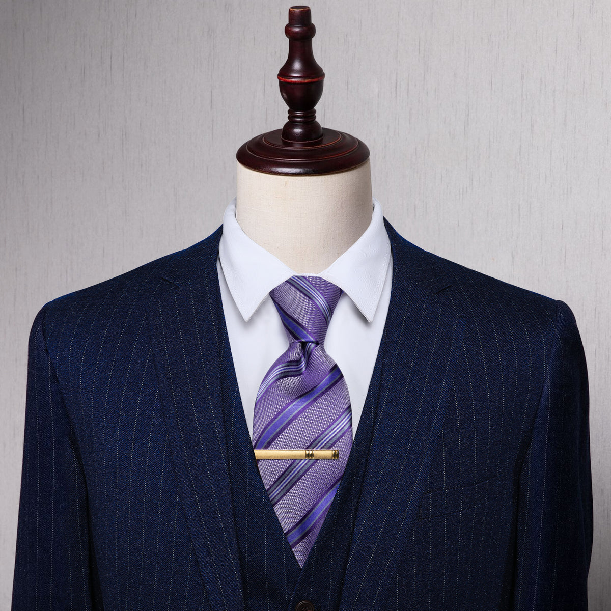 Lavender Purple Striped Silk Necktie with Golden Tie Clip