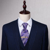 Lavender Purple Striped Silk Necktie with Golden Tie Clip