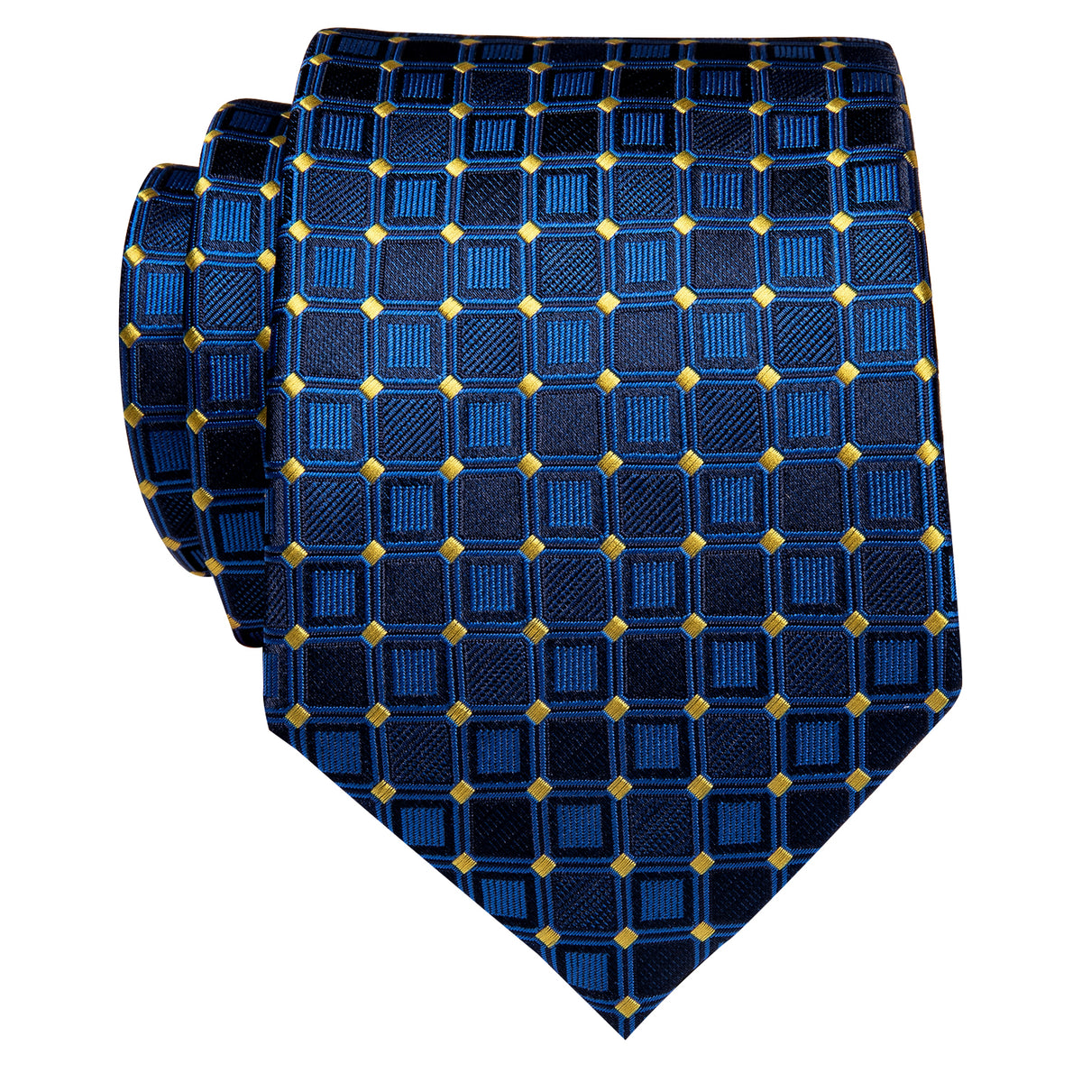 Navy Blue Plaid Silk Necktie with Golden Tie Clip