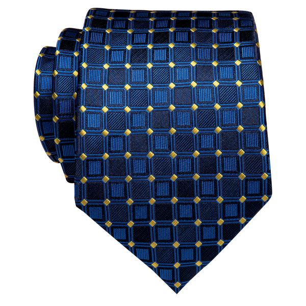 YourTies Navy Blue Plaid Silk Necktie with Golden Tie Clip
