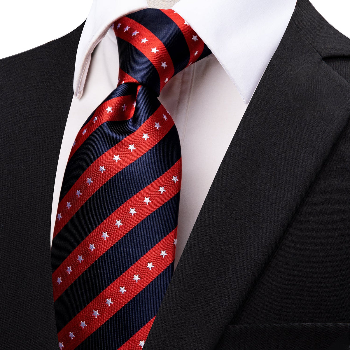Classic Red Blue Star Striped Silk Necktie