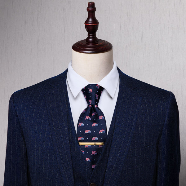 Navy Blue Novelty Silk Necktie with Golden Tie Clip