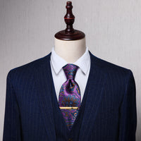 Luxury Purple Floral Silk Necktie with Golden Tie Clip