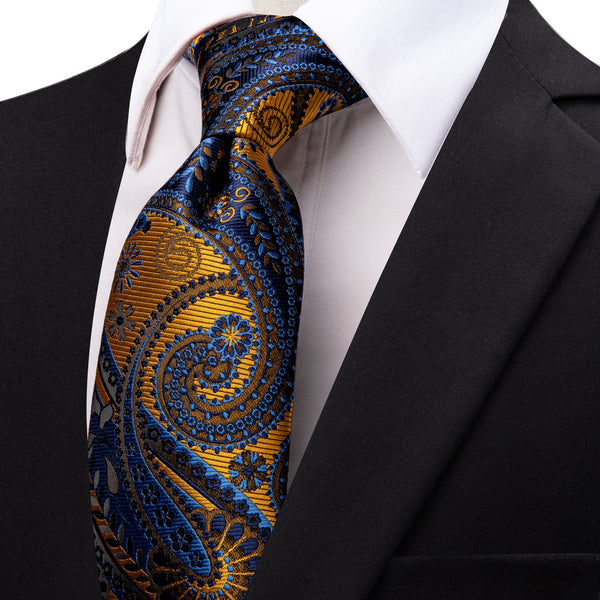 Luxury Golden Blue Paisley Silk Necktie