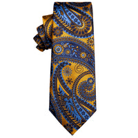 Luxury Golden Blue Paisley Silk Necktie with Golden Tie Clip
