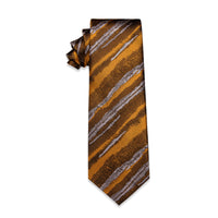 Golden Yellow Irregular Striped Silk Necktie with Golden Tie Clip