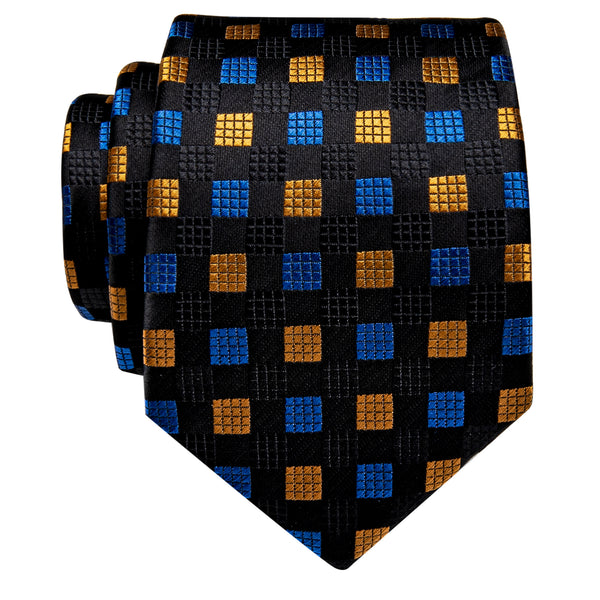 Black Blue Yellow Cube Plaid Silk Necktie with Golden Tie Clip