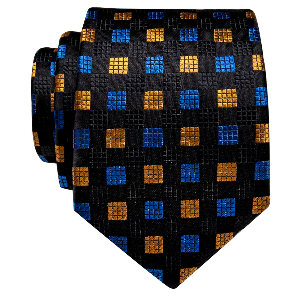 Black Blue Yellow Cube Plaid Pre-tied Bowtie and Necktie with Golden Tie Clip Set