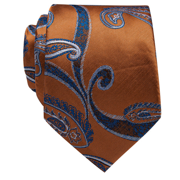 Orange Yellow Blue Paisley Silk Necktie with Golden Tie Clip