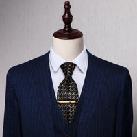 Black Yellow Novelty Silk Necktie with Golden Tie Clip