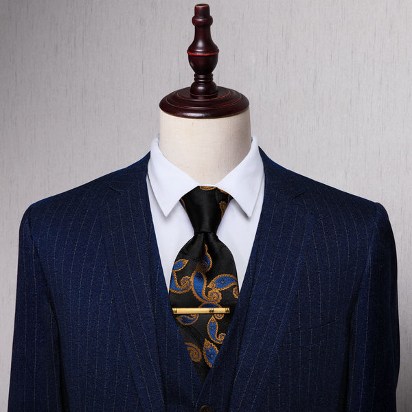 Classic Black Blue Paisley Pre-tied Bowtie and Necktie with Golden Tie Clip Set