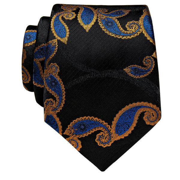 YourTies Black Tie Golden Blue Jacquard Floral Silk Necktie