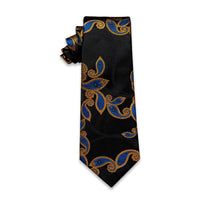 Black Blue Floral Silk Necktie with Golden Tie Clip