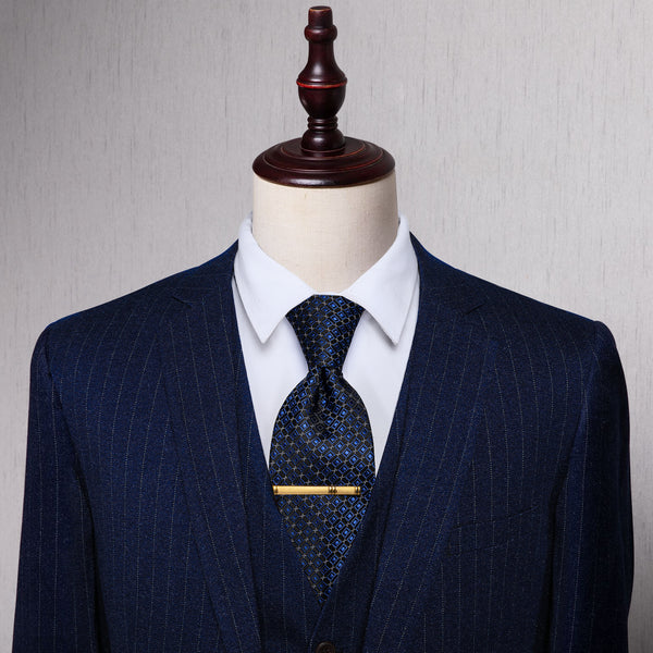 Black Blue Plaid Pre-tied Bowtie and Necktie with Golden Tie Clip Set