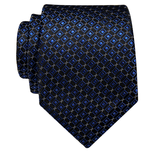 Business Blue Cube Plaid Silk Necktie with Golden Tie Clip