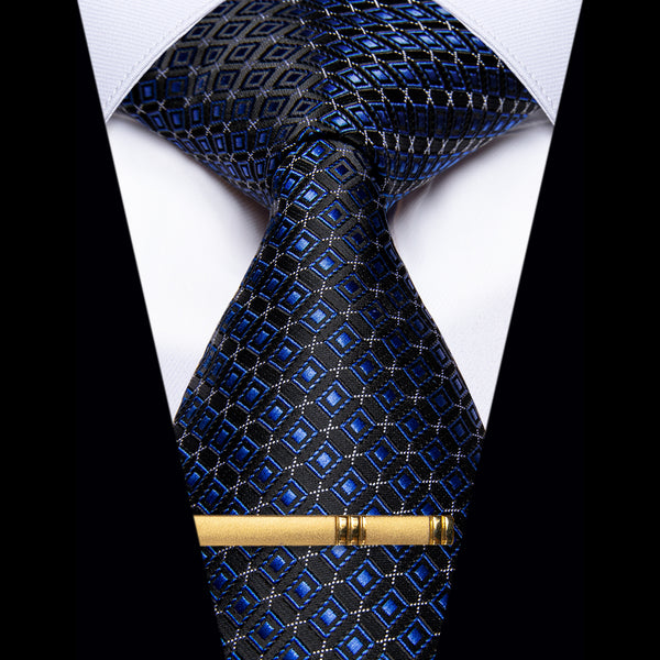 YourTies Business Blue Cube Plaid Silk Necktie with Golden Tie Clip