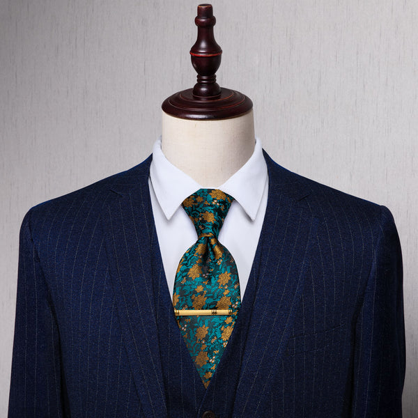 YourTies Peacock Blue Golden Floral Silk Necktie with Golden Tie Clip