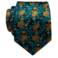 Peacock Blue Golden Floral Pre-tied Bowtie and Necktie with Golden Tie Clip Set