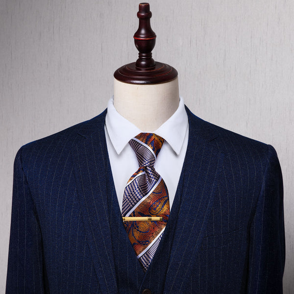 Orange Red Blue Splicing Novelty Pre-tied Bowtie and Necktie with Golden Tie Clip Set