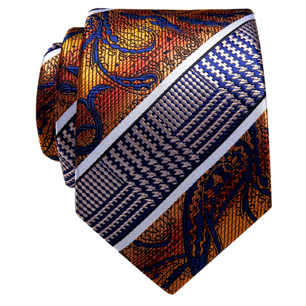 Orange Red Blue Splicing Novelty Silk Necktie with Golden Tie Clip