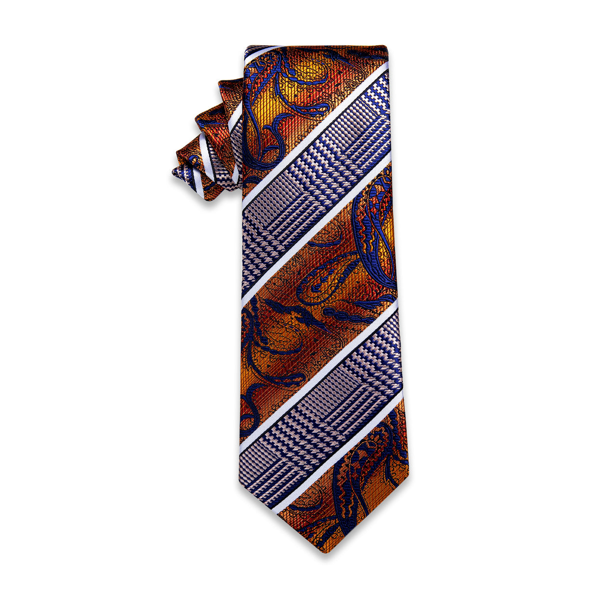Orange Red Blue Splicing Novelty Silk Necktie with Golden Tie Clip