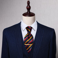 Dark Blue Golden Red Striped Silk Necktie with Golden Tie Clip