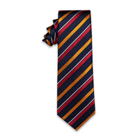 Dark Blue Golden Red Striped Silk Necktie with Golden Tie Clip