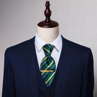 Green Champagne Blue Striped Silk Necktie with Golden Tie Clip
