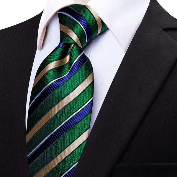 Green Champagne Blue Striped Silk Necktie