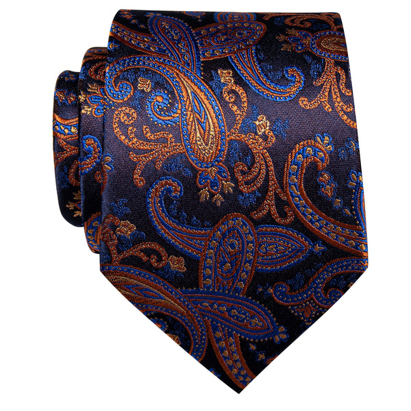 Mixing Color Blue Orange Paisley Silk Necktie with Golden Tie Clip