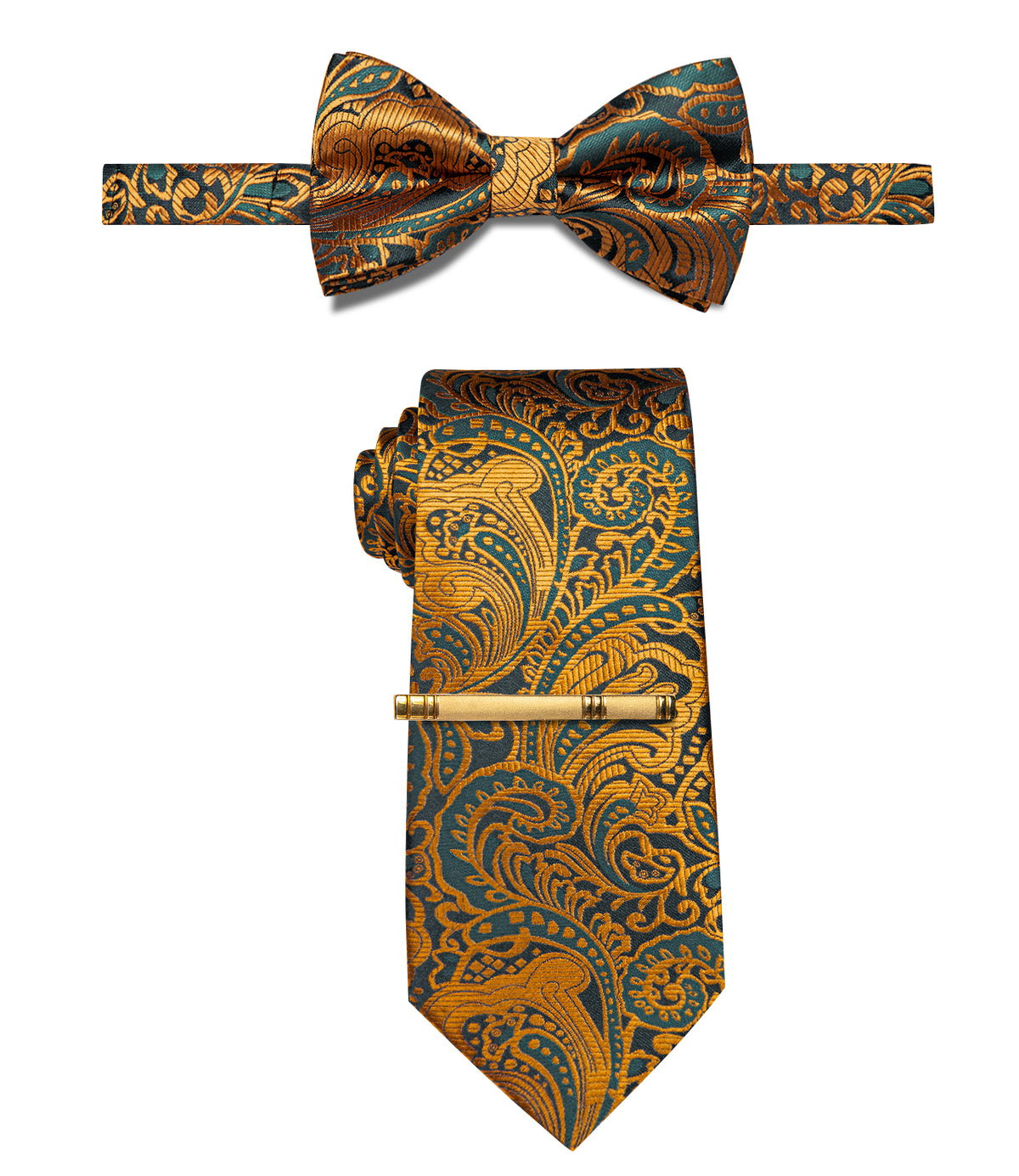 Luxury Golden Green Paisley Pre-tied Bowtie and Necktie with Golden Tie Clip Set