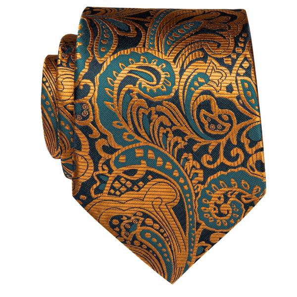 Luxury Golden Green Paisley Silk Necktie with Golden Tie Clip
