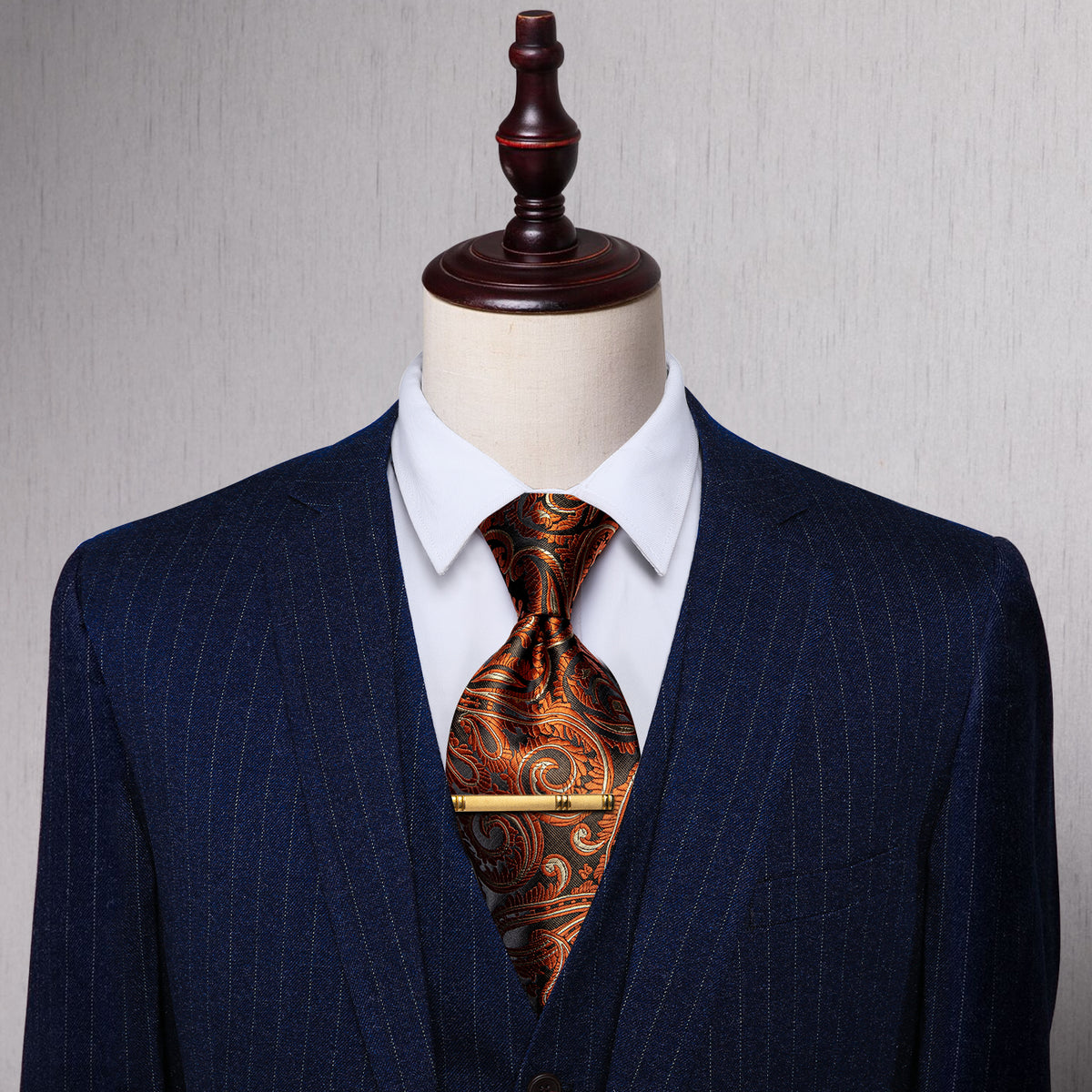 Brown Bronze Gold Paisley Silk Necktie with Golden Tie Clip