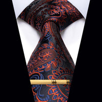 Black Blue Red Paisley Silk Necktie with Golden Tie Clip
