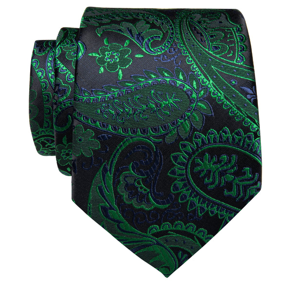 Black Green Paisley Silk Necktie with Golden Tie Clip