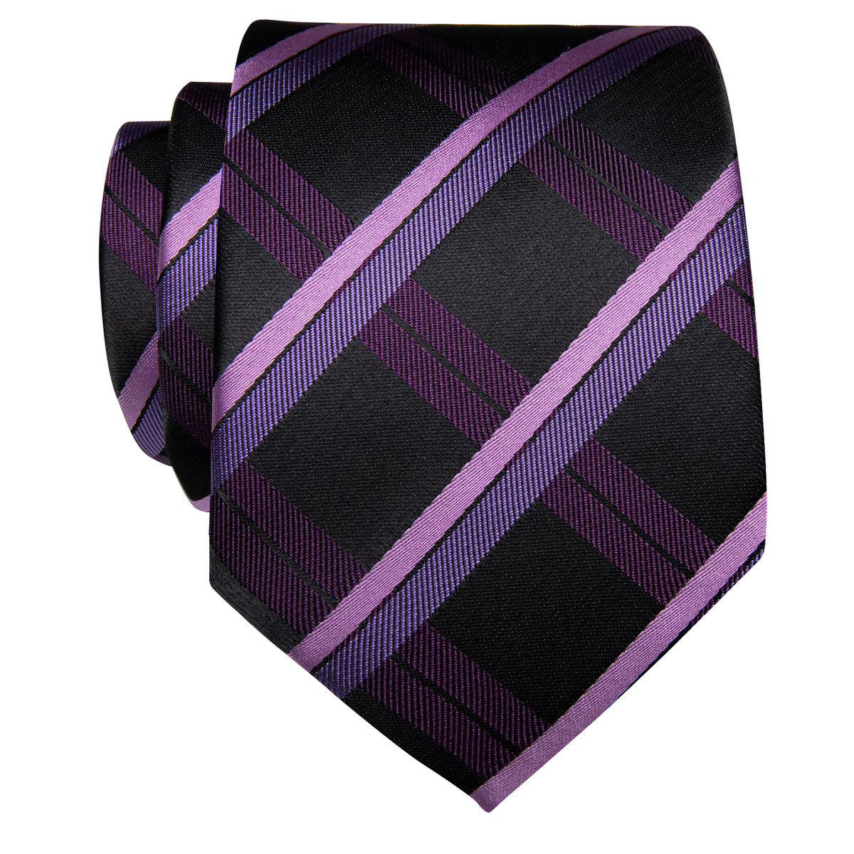 Black Purple Plaid Silk Necktie with Golden Tie Clip