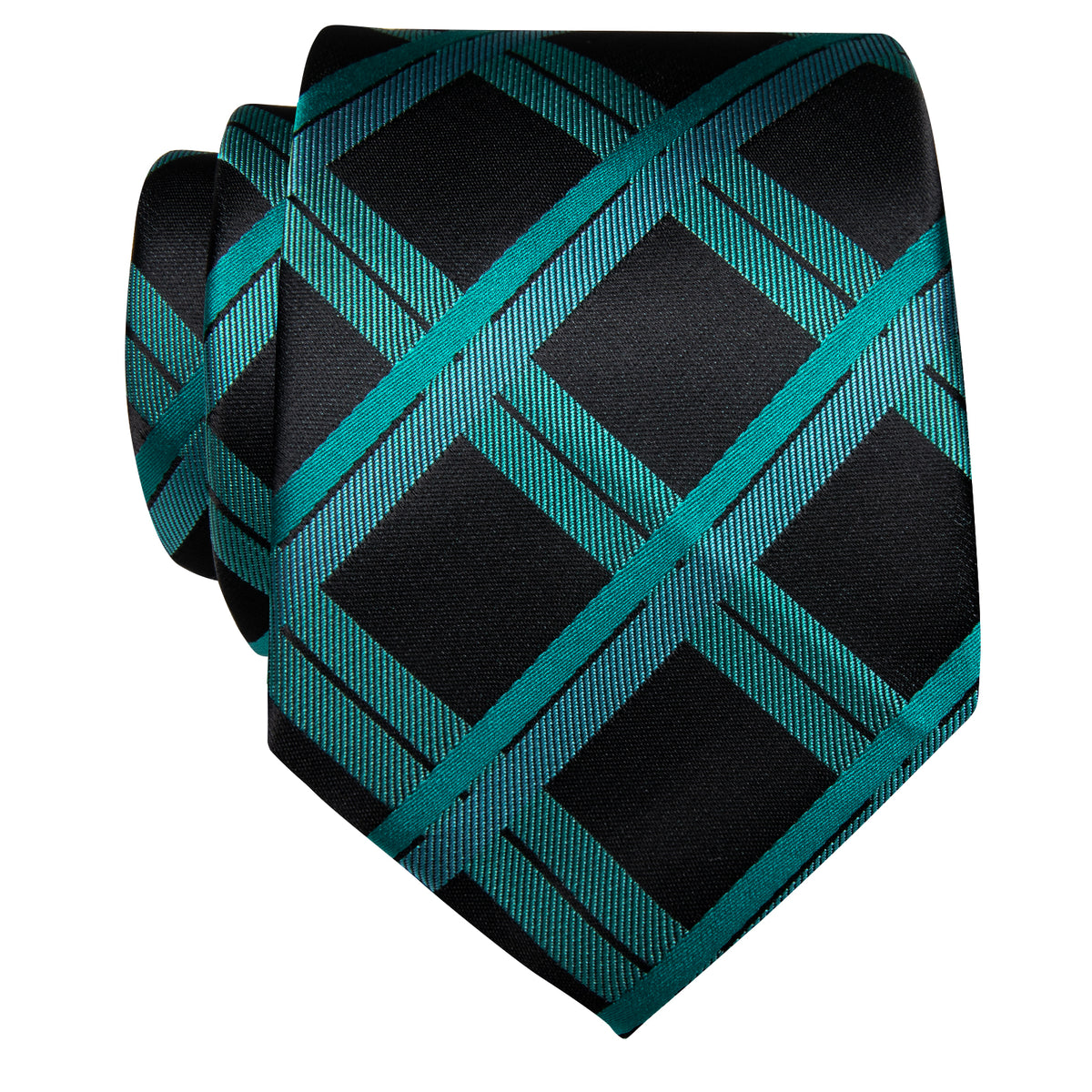 Black Teal Plaid Silk Necktie with Golden Tie Clip
