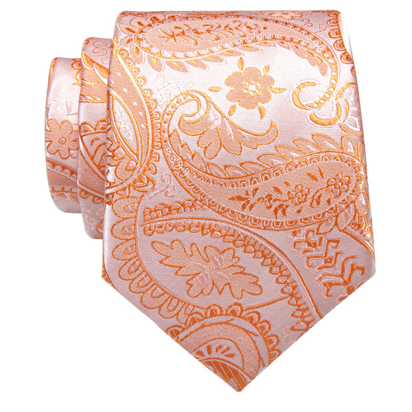Orange Pink Paisley Silk Necktie with Golden Tie Clip