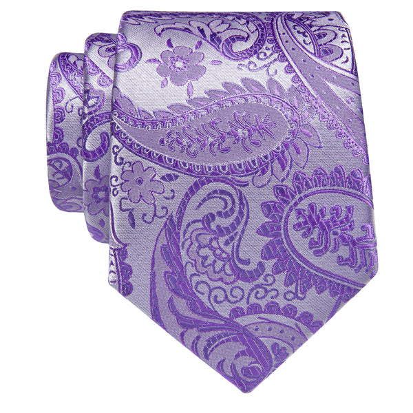Lilac Purple Paisley Silk Necktie with Golden Tie Clip
