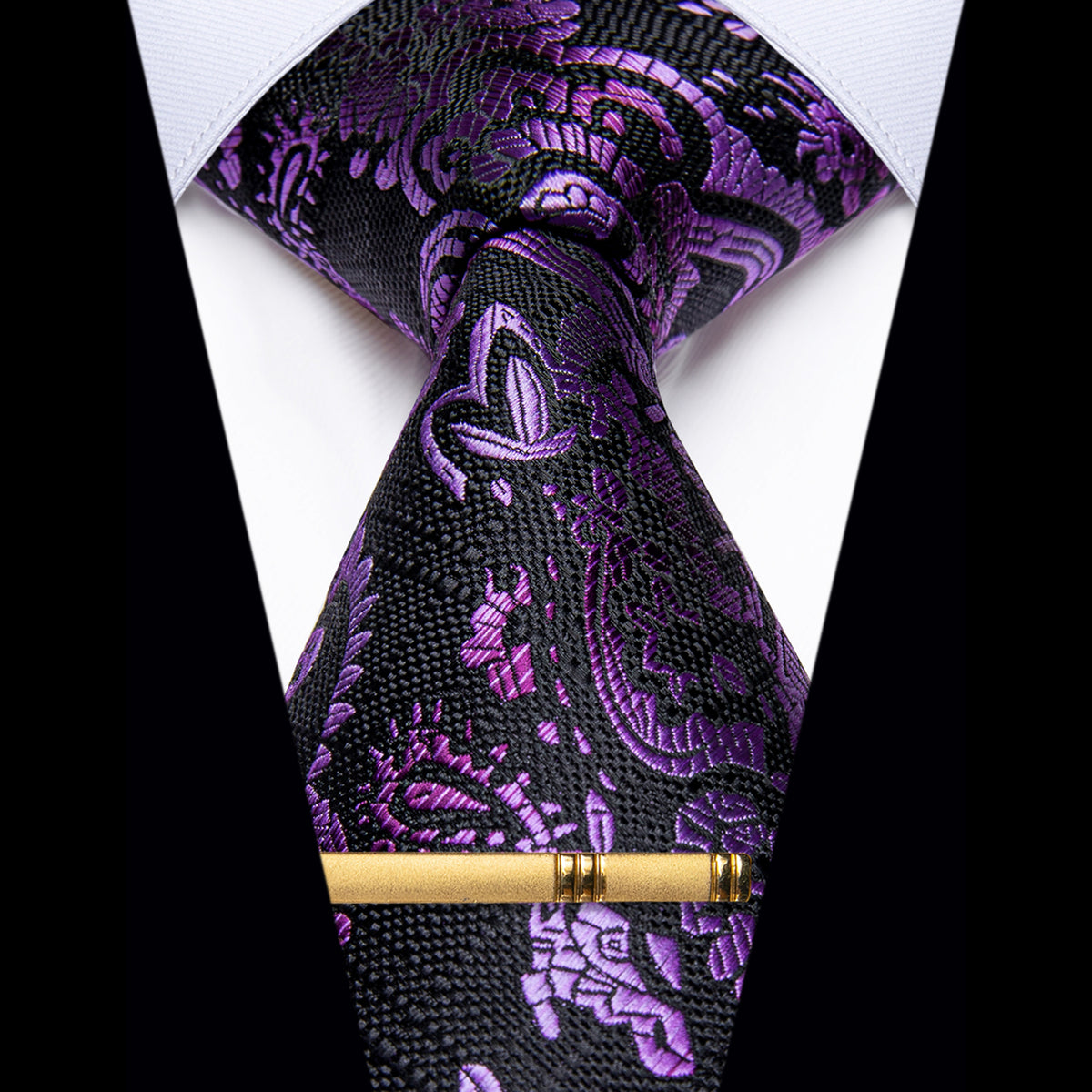 Black Deep Purple Silk Necktie with Golden Tie Clip