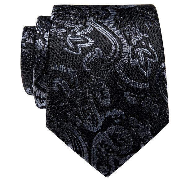 Black Grey Paisley Silk Necktie with Golden Tie Clip