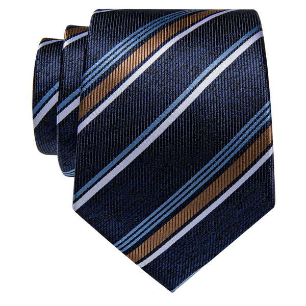 YourTies Dark Blue White Golden Striped Silk Necktie