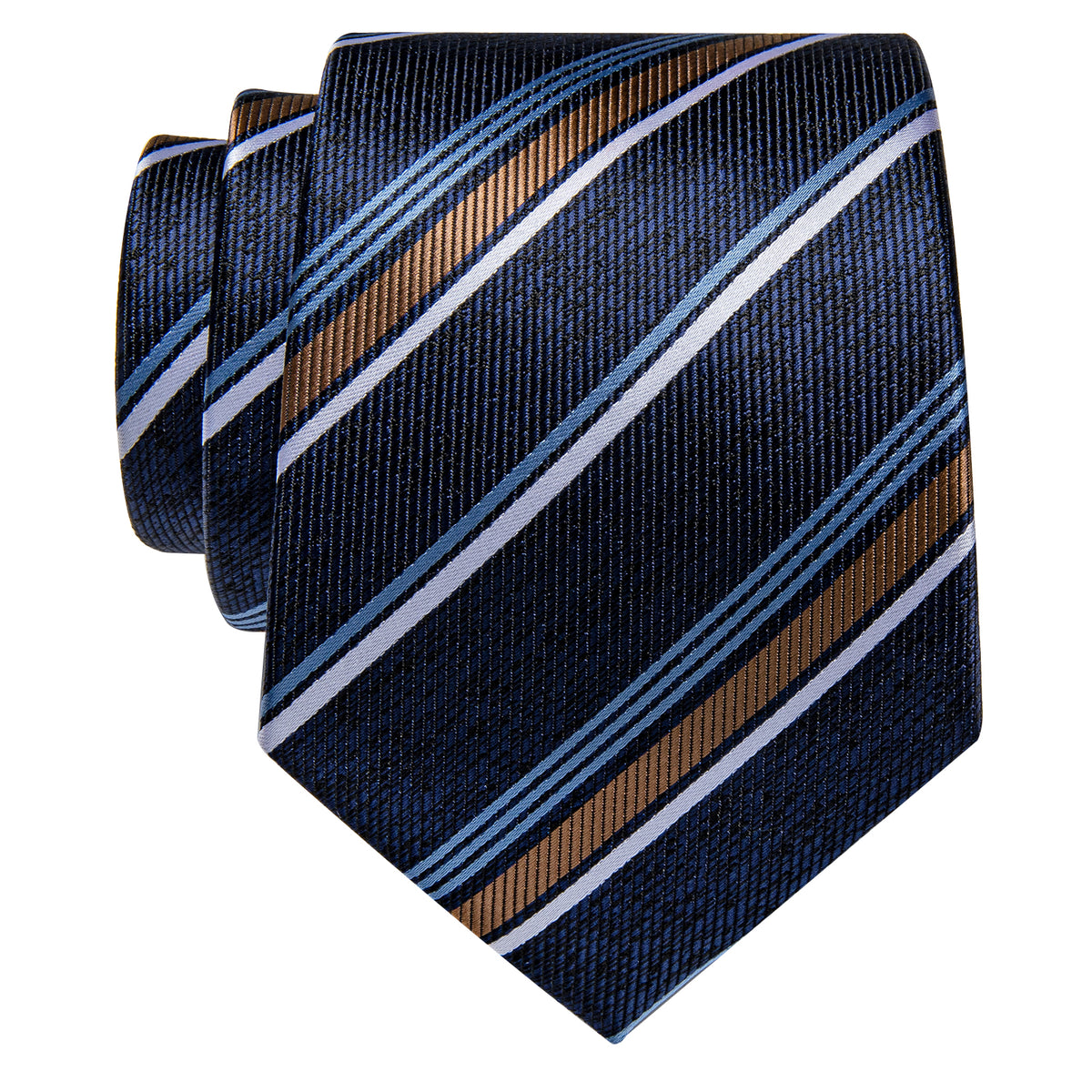 Navy Blue White Golden Silk Necktie with Golden Tie Clip