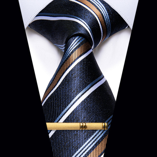 YourTies Navy Blue White Golden Silk Necktie with Golden Tie Clip